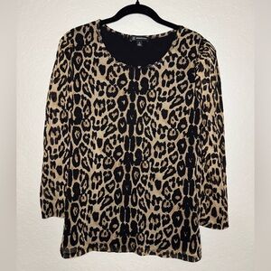 Leopard Print Long Sleeve Scoop Neck Top - Black & Tan
